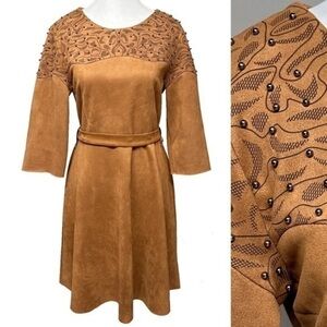 Vintage Faux Suede Tan Color Beaded Fit & Flare Belted Dress Western Women’s 6*